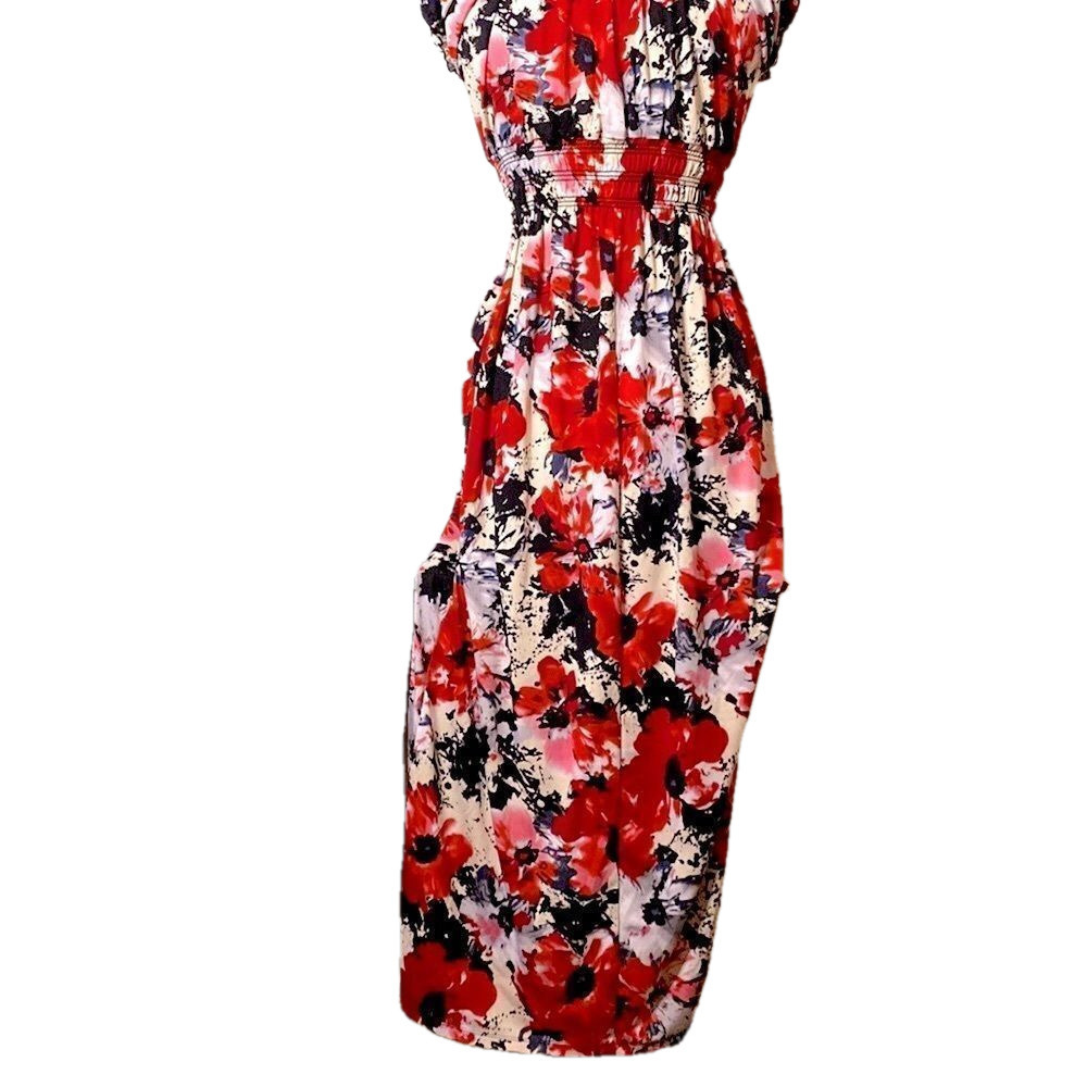 🌷 Impress🌷 Long Red, White, & Black Floral Print Maxi Dress - Picture 15 of 16
